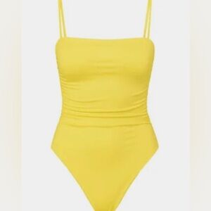 Vintage 80s/90s Ritchie Swimwear Hi Cut One Piece Swimsuit 7/8 Yellow Lined NWOT